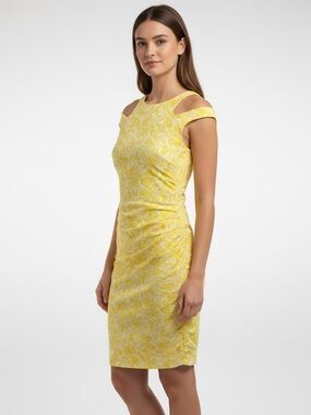 Cache Floral Cutout Sheath Dress Yellow & White Size 2